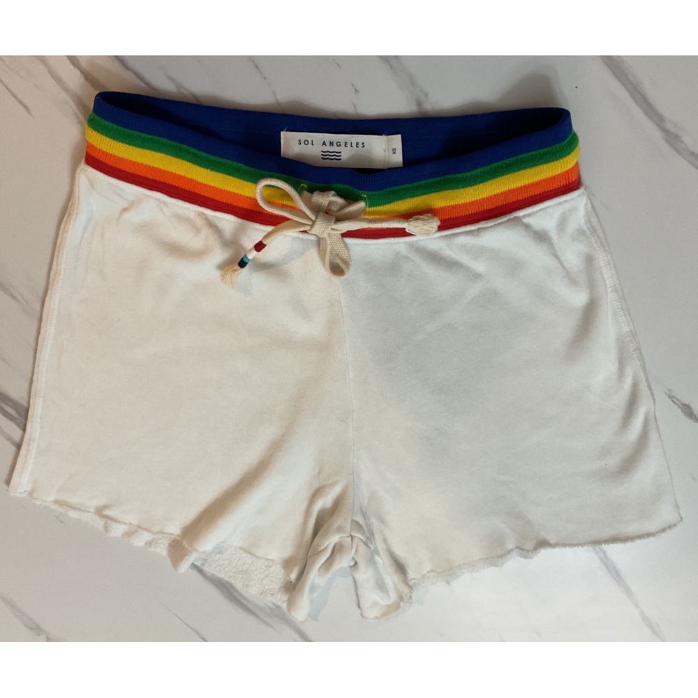 Sol Angeles Womens White Rainbow Stripe Waistband Lounge Shorts Size XS USA Made